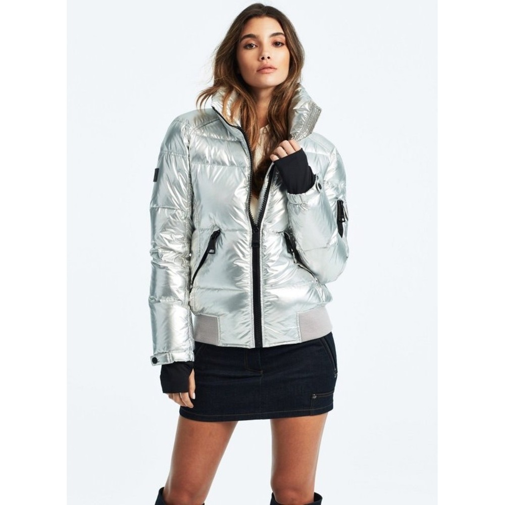 SAM New York Freestyle Down Puffer Jacket Metallic Silver Womens Small Bomber - Picture 14 of 16
